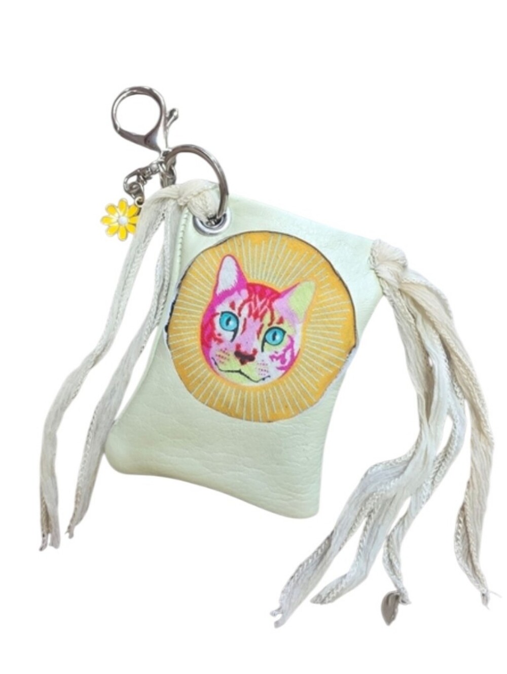 Cream Tassel Key Pouch with Colorful Cat Patch Leather And Silk